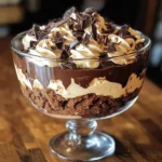 Delicious Baileys chocolate cheesecake trifle in a glass dish.