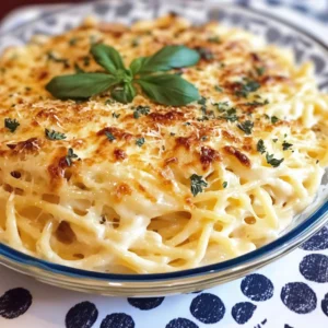 Delicious baked cream cheese spaghetti dish topped with herbs and cheese.