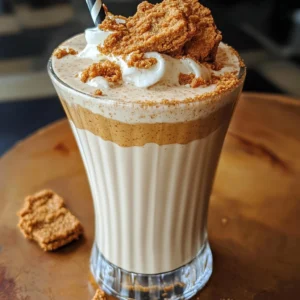 Delicious Biscoff cookie milkshake topped with whipped cream and cookie crumbles