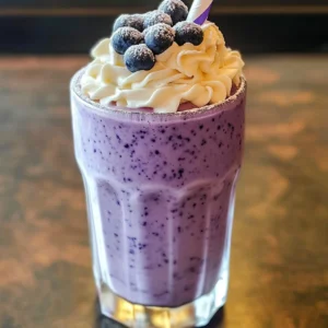 Creamy blueberry cheesecake milkshake topped with whipped cream and blueberries