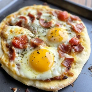 Delicious breakfast pizza topped with eggs, cheese, and fresh ingredients.