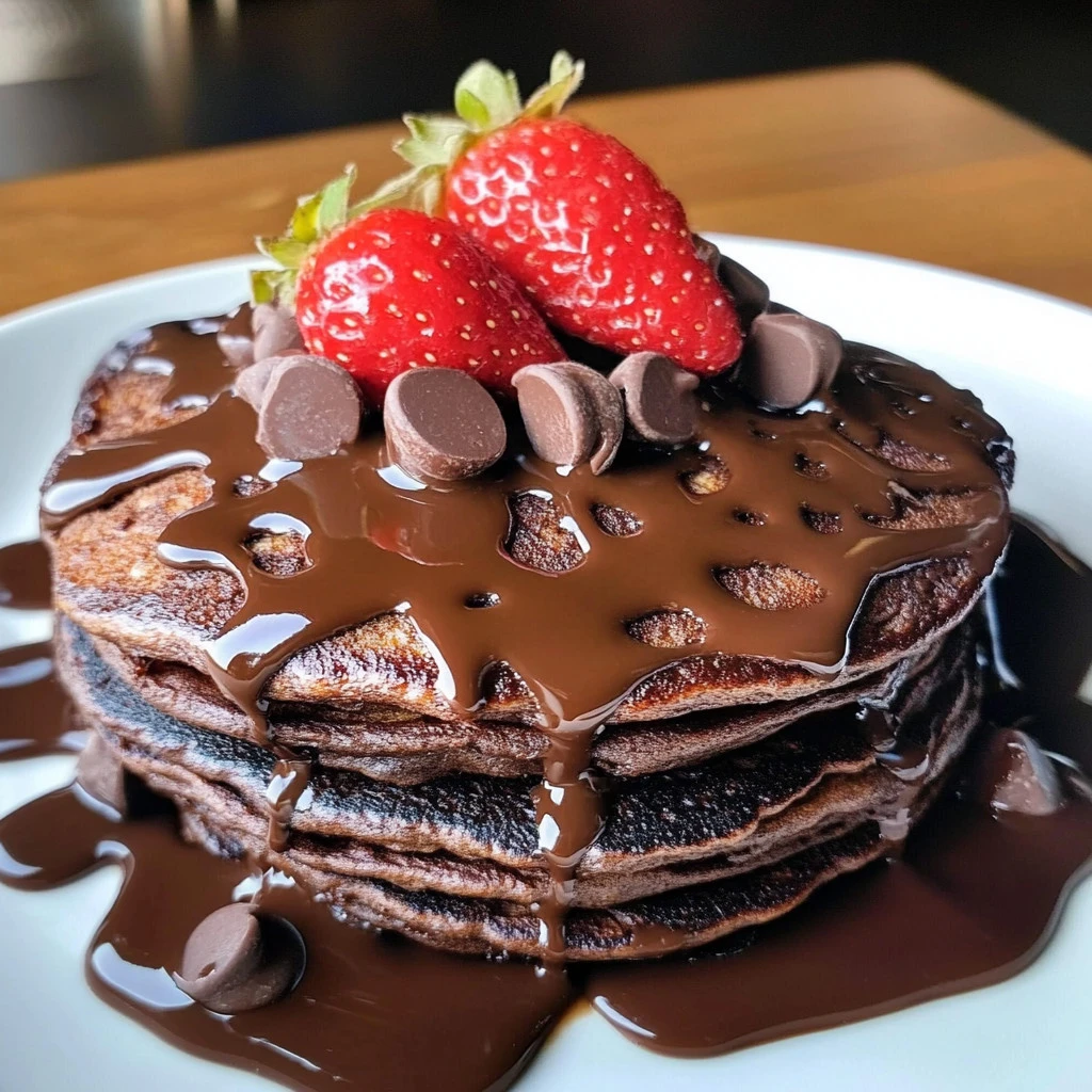Delicious brownie batter pancakes topped with chocolate sauce and whipped cream