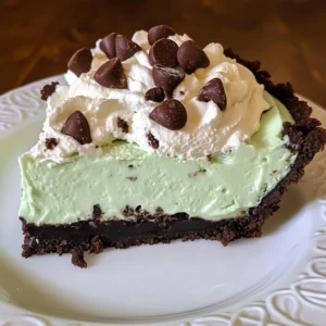 Delicious brownie bottom mint chip mousse pie slice on a plate