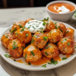 Plate of spicy Buffalo Meatballs garnished with celery and blue cheese dressing.