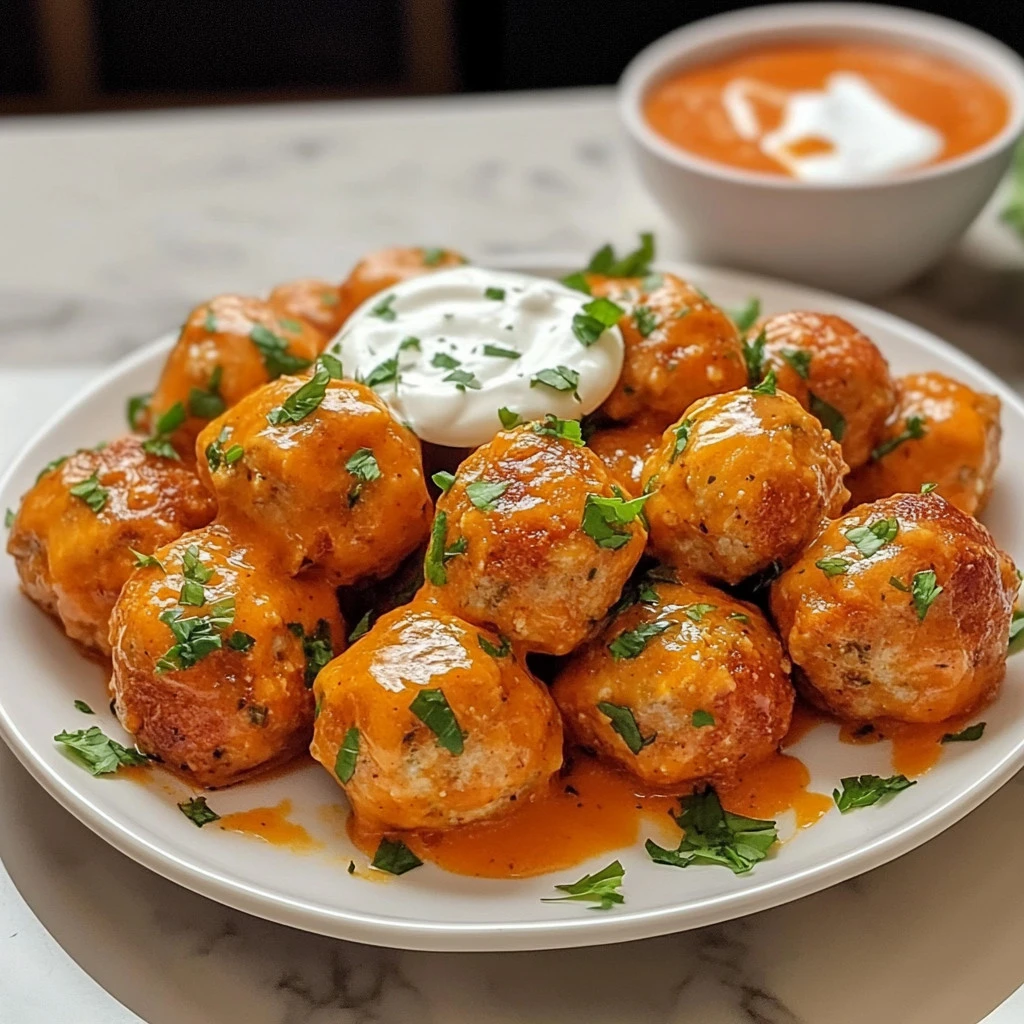 Plate of spicy Buffalo Meatballs garnished with celery and blue cheese dressing.