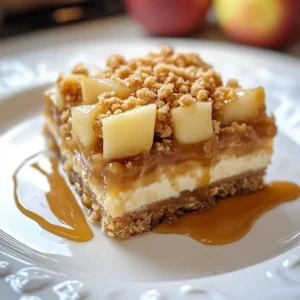 Delicious caramel apple cheesecake bars topped with caramel drizzle.