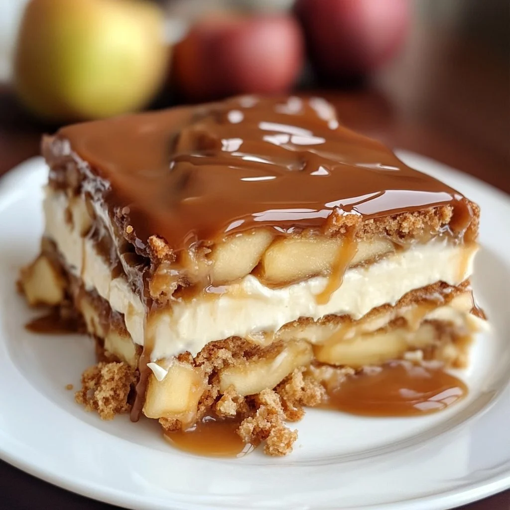 Delicious caramel apple eclair cake topped with caramel drizzle and apples