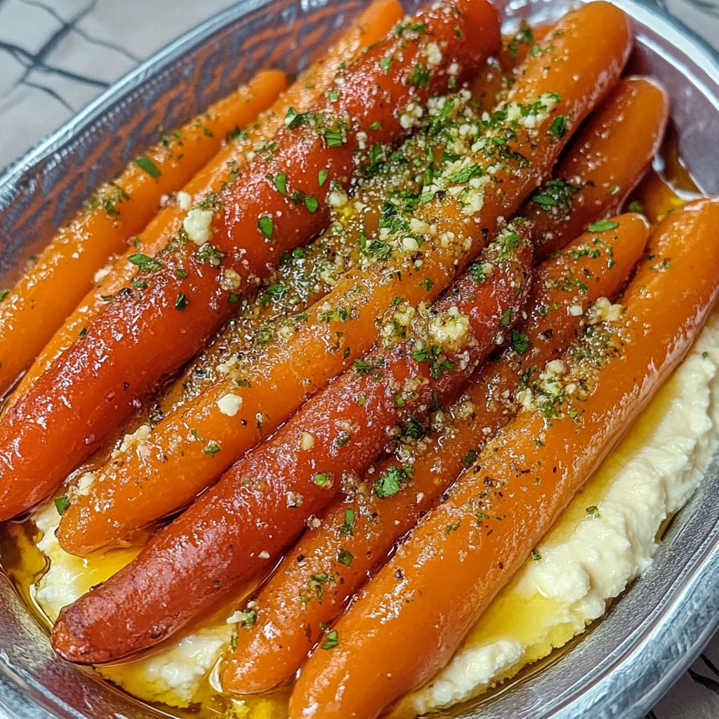 Caramelized carrots topped with whipped ricotta and drizzled with hot honey