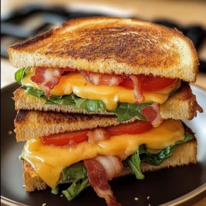 Cheesy bacon lettuce tomato sandwich on a plate with fresh ingredients