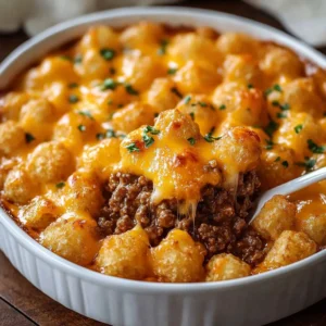 Cheesy beef tater tot casserole served in a baking dish
