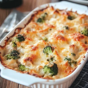 Cheesy chicken and broccoli bake served in a dish