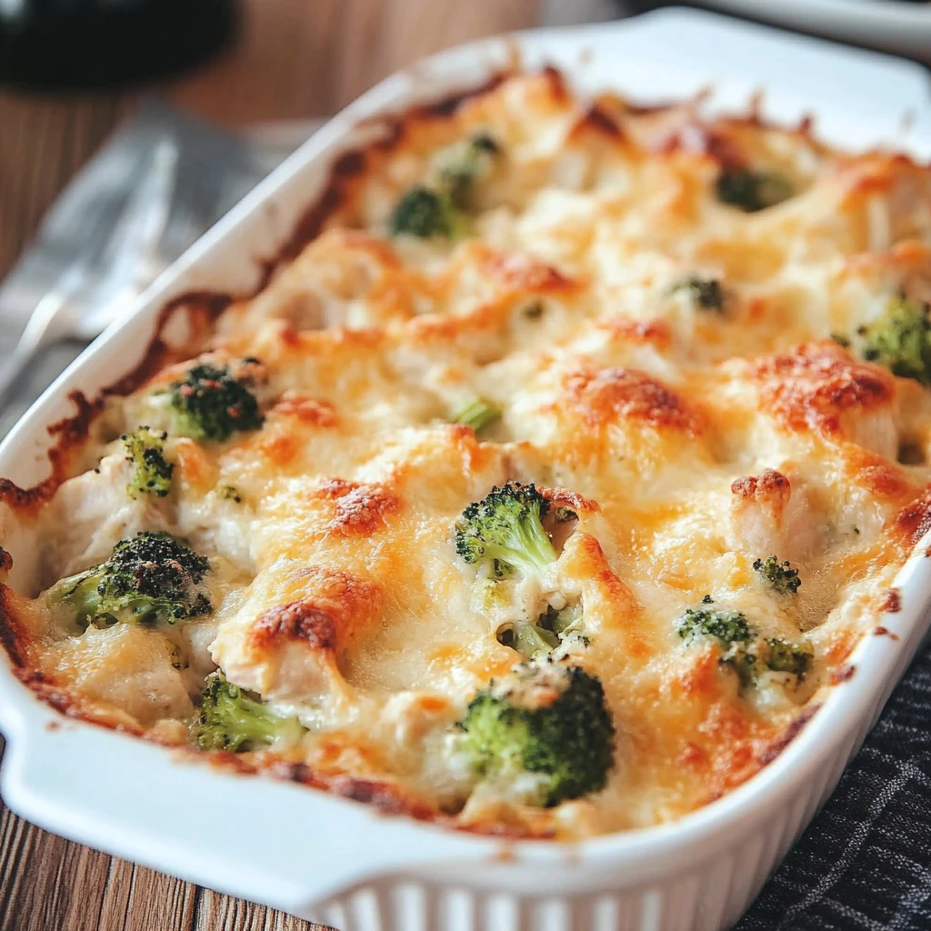 Cheesy chicken and broccoli bake served in a dish