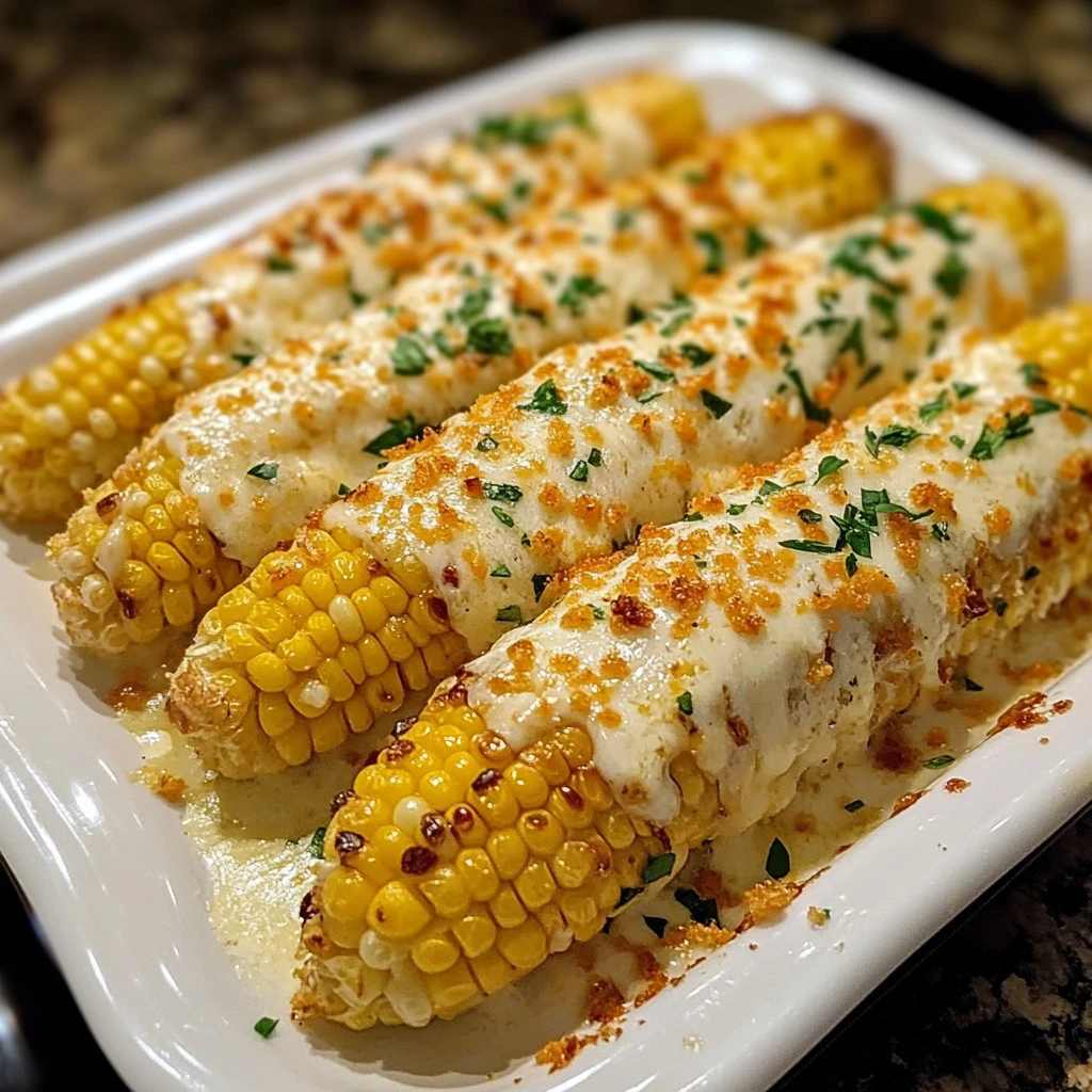 Cheesy garlic butter corn on the cob served on a plate