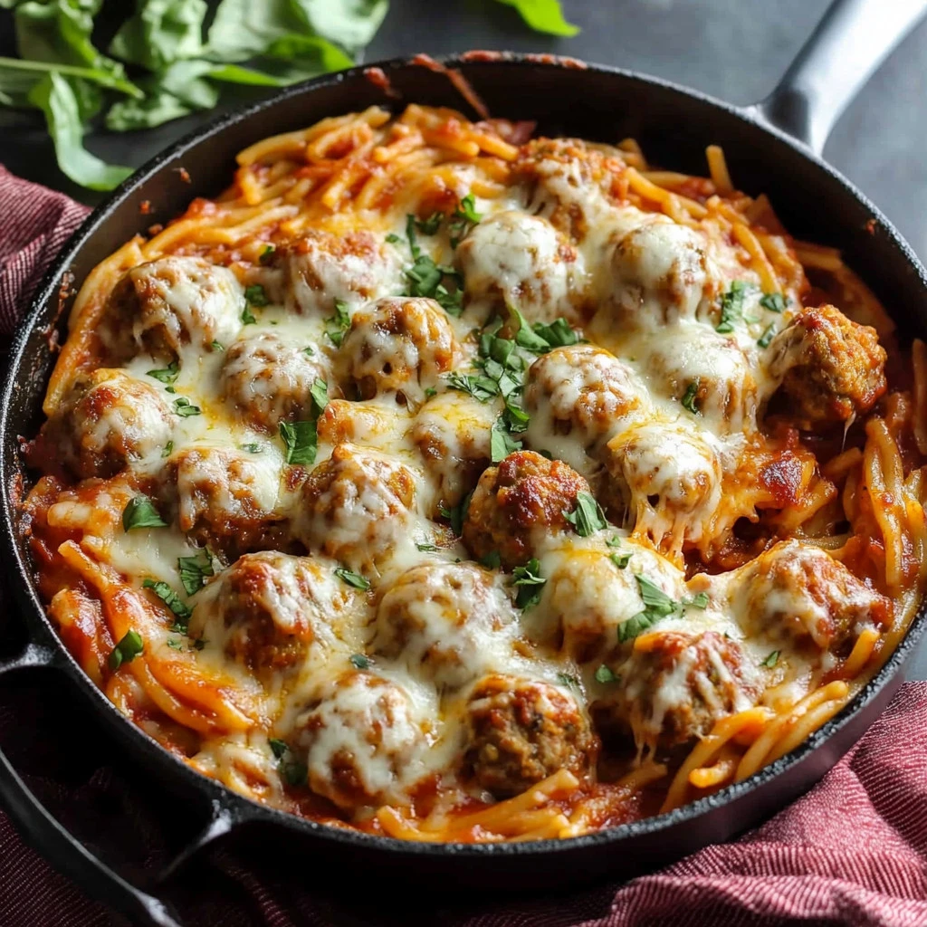 Delicious Cheesy Meatball Pasta Casserole hot from the oven