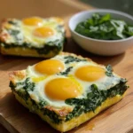 Cheesy Spinach and Egg Bake dish ready to serve, topped with cheese and spinach.
