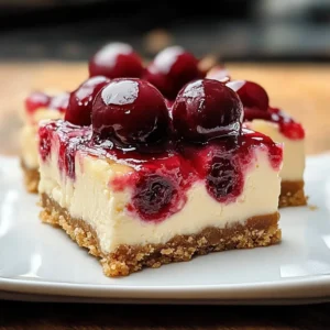 Delicious cherry cheesecake bars with a creamy filling and cherry topping