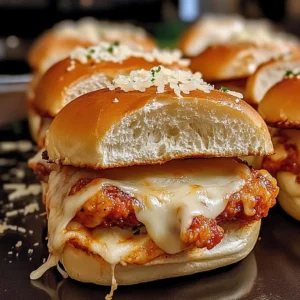 Delicious Chicken Parmesan Sliders topped with melted cheese and marinara sauce