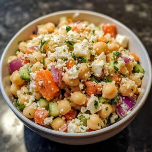 Chickpea salad with feta cheese and assorted vegetables in a bowl