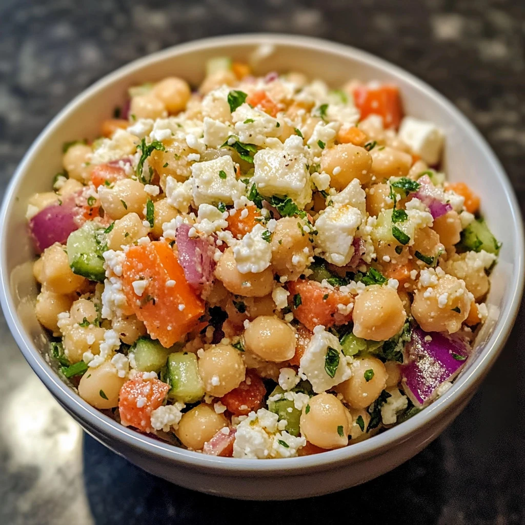 Chickpea salad with feta cheese and assorted vegetables in a bowl