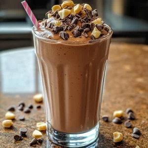 Delicious Chocolate Peanut Butter Milkshake topped with whipped cream and chocolate drizzle.