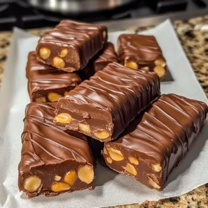 Chocolate peanut chewy candy bars stacked on a plate, perfect chocolate candy treat.