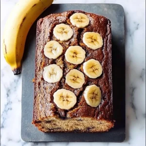 Delicious slice of classic banana bread on a wooden table