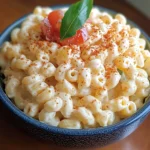 Classic creamy macaroni salad served in a bowl with vegetables