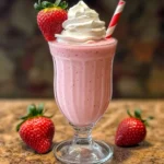 Classic strawberry milkshake topped with whipped cream and fresh strawberries