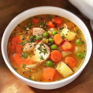 Bowl of cozy chicken vegetable soup with fresh vegetables and tender chicken pieces