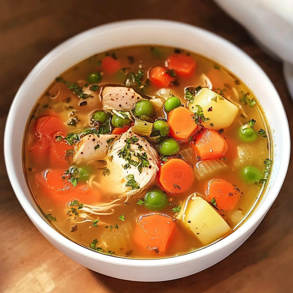 Bowl of cozy chicken vegetable soup with fresh vegetables and tender chicken pieces