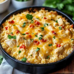 Creamy Chicken and Rice Bake with Queso served in a casserole dish