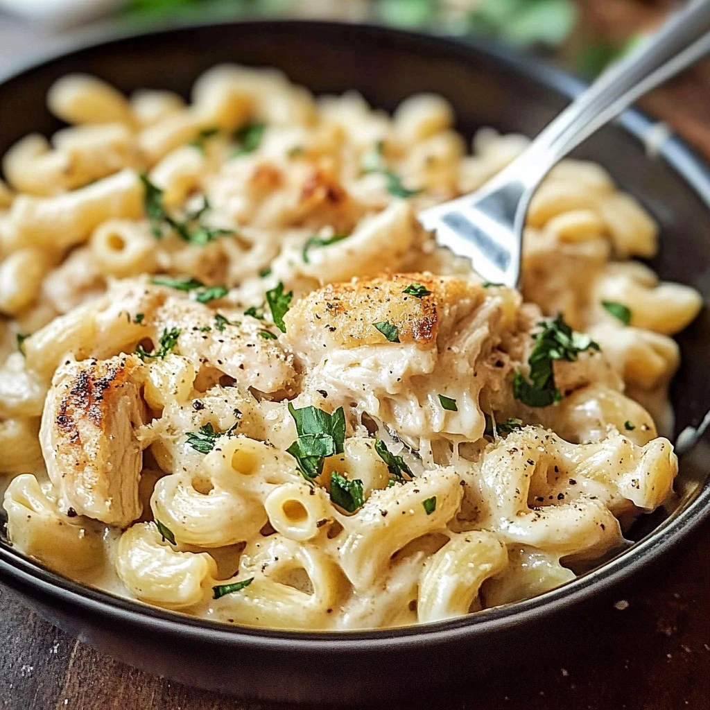 Creamy Garlic Butter Chicken Mac and Cheese served in a bowl