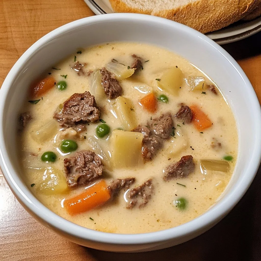 Creamy Philly cheese steak soup with beef and vegetables in a bowl