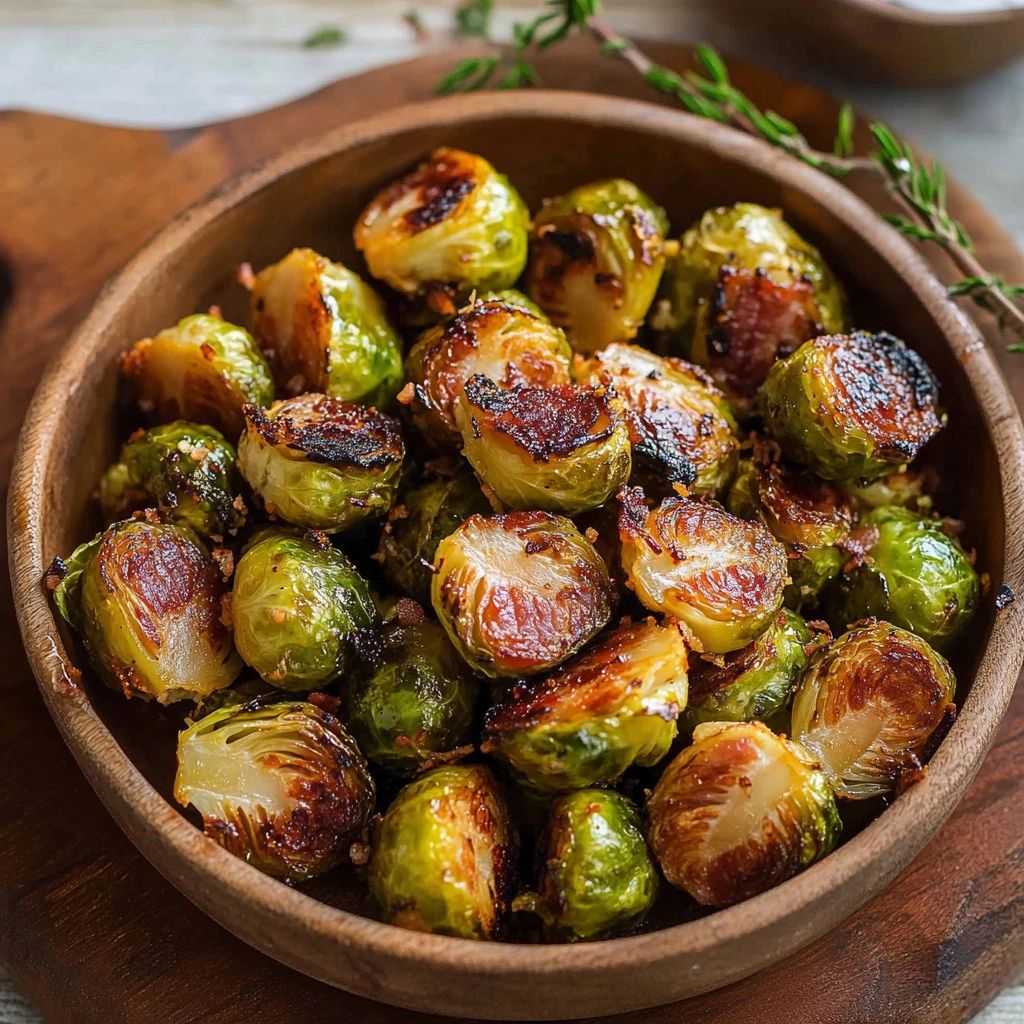 Delicious crispy bacon Brussels sprouts garnished for a tasty side dish.