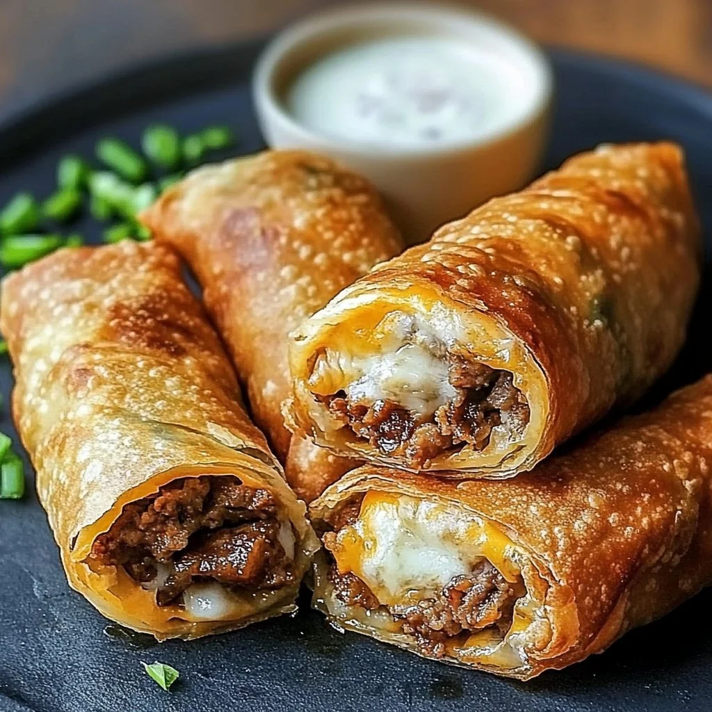 Crispy Philly Cheesesteak Egg Rolls with melted cheese filling