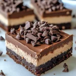 Delicious Death by Chocolate No-Bake Cheesecake Bars topped with chocolate sauce