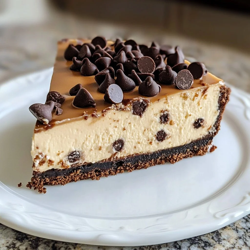 Decadent chocolate chip cheesecake with creamy filling and chocolate chips on top