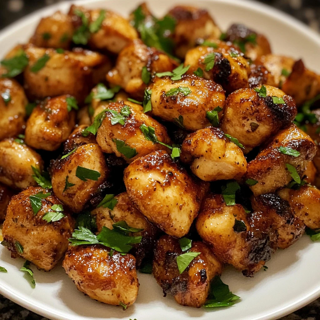 Garlic Butter Chicken Bites on a plate garnished with herbs