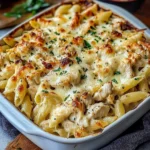 Garlic Parmesan Chicken Pasta Bake topped with cheese and herbs
