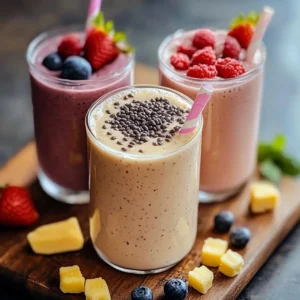 Delicious high-protein smoothie in a glass with fresh fruits and protein powder