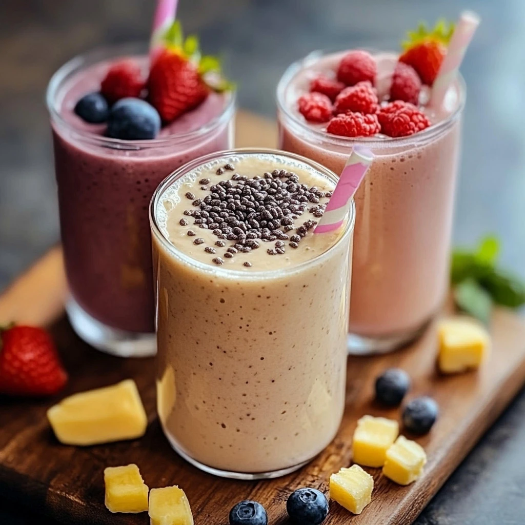 Delicious high-protein smoothie in a glass with fresh fruits and protein powder