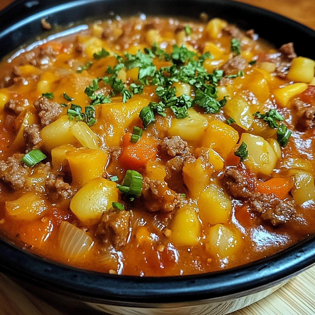 Delicious Hobo Casserole dish served in a bowl, featuring meat and vegetables.