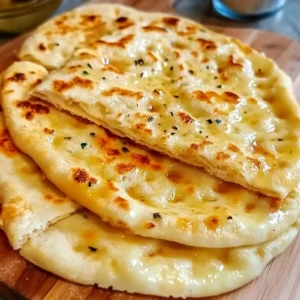 Freshly baked garlic flatbread with herbs and olive oil.