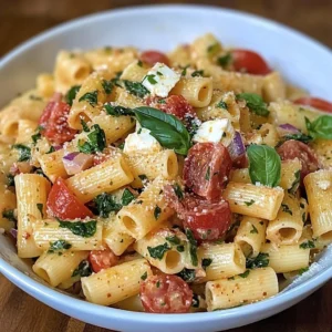 Colorful Italian pasta salad with vegetables and dressing