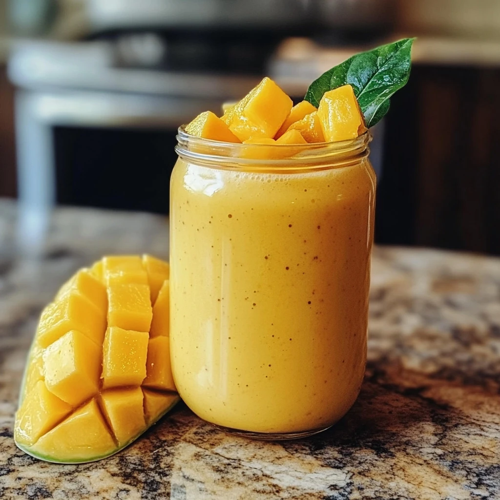 Creamy mango smoothie with Greek yogurt in a glass, topped with fresh mango slices.