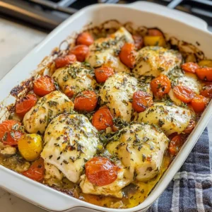 Baked Mediterranean Chicken with vegetables and herbs on a plate