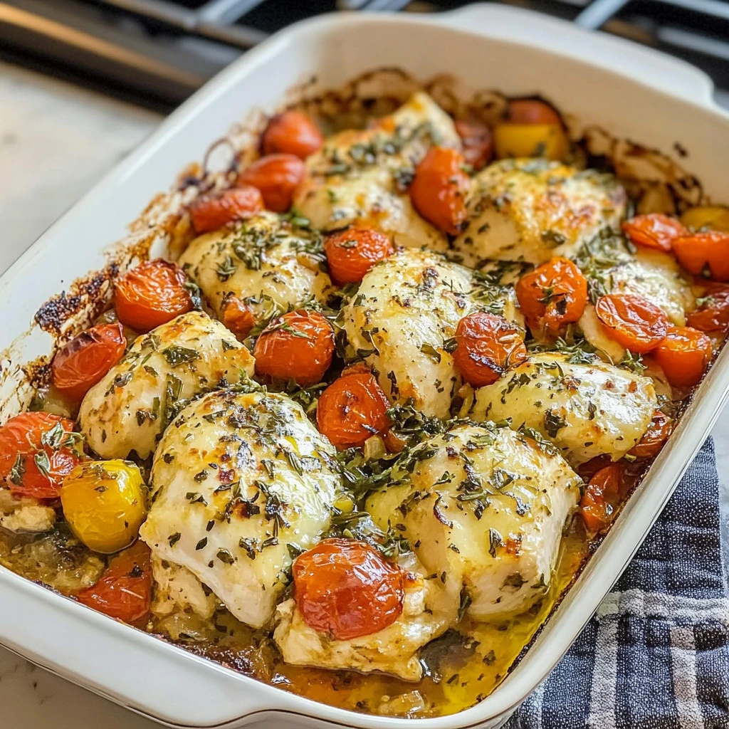 Baked Mediterranean Chicken with vegetables and herbs on a plate