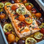 Oven-baked Mediterranean salmon with herbs and vegetables on a serving platter.