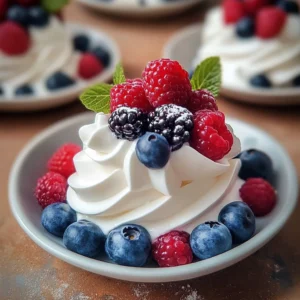 Meringue shells filled with cream and topped with fresh berries
