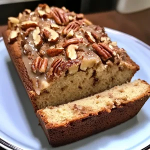 Moist apple pecan bread with cinnamon glaze on a wooden table